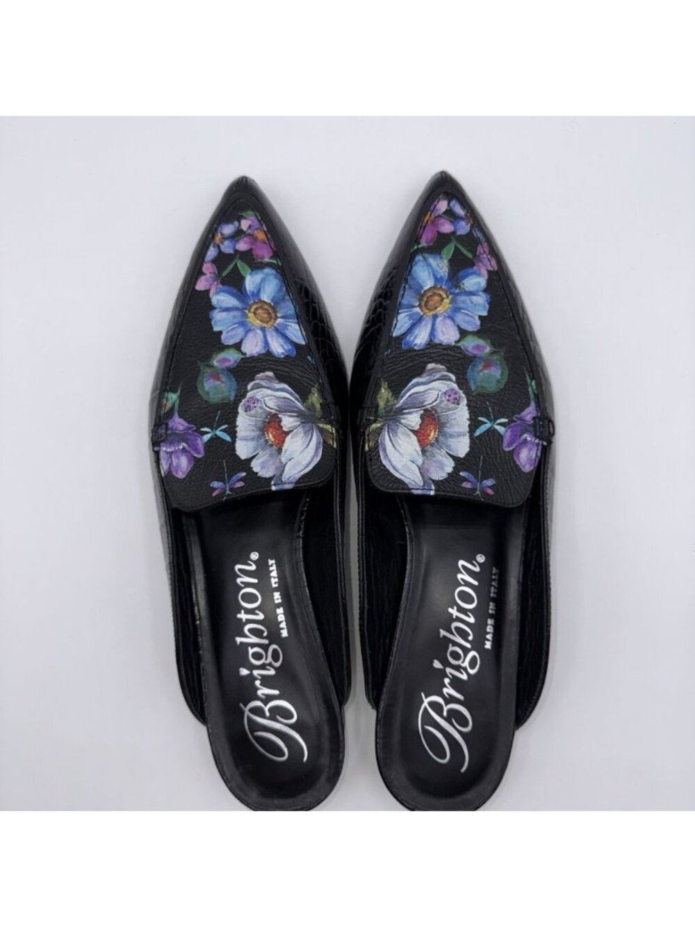 Brighton Floral Everly Mules Croc Embossed Black Low Heel Sz 9 Made In Italy - Picture 2 of 16